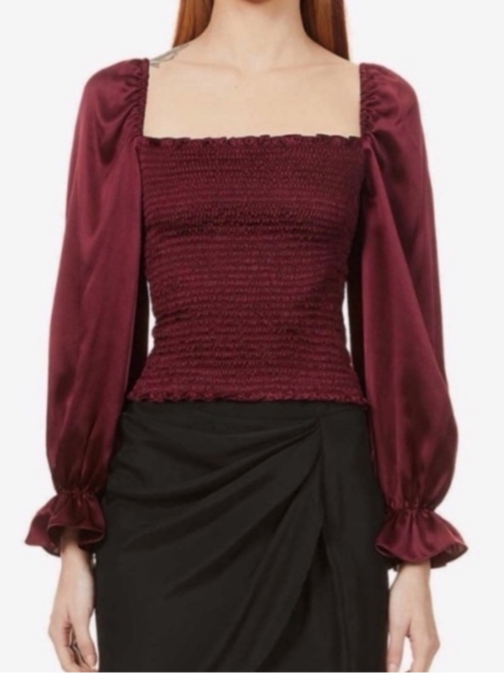 Reformation “Chamomile” Smocked Silk Top in Burgundy, Size Medium - EUC